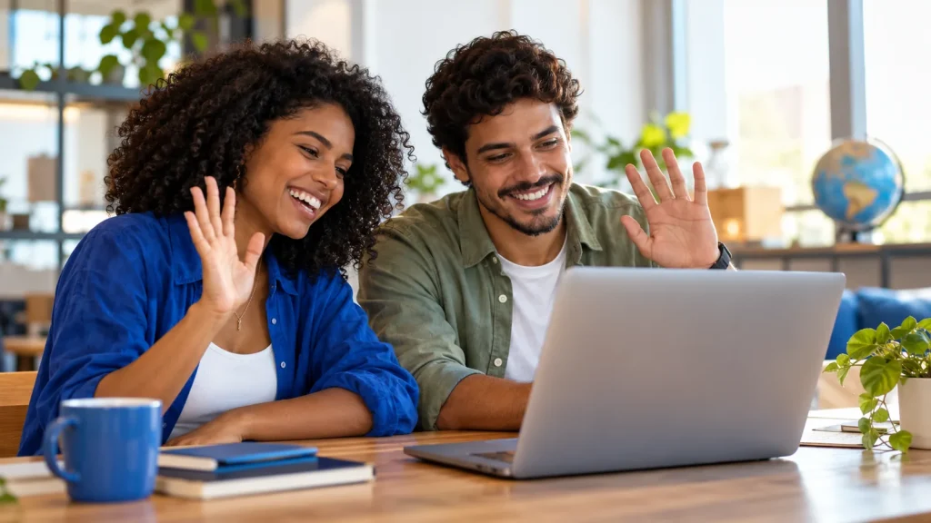 Dupla de jovens profissionais acenando numa videochamada pelo notebook, com um globo terrestre ao fundo